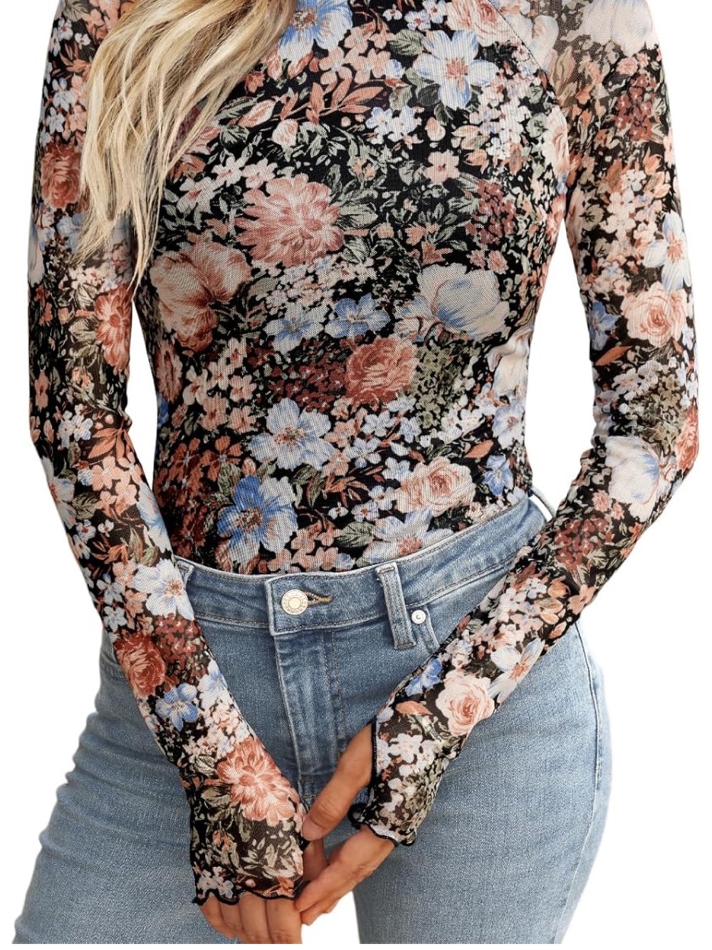 5/$25 Floral Mesh Long-Sleeve Top - Pink & Blue